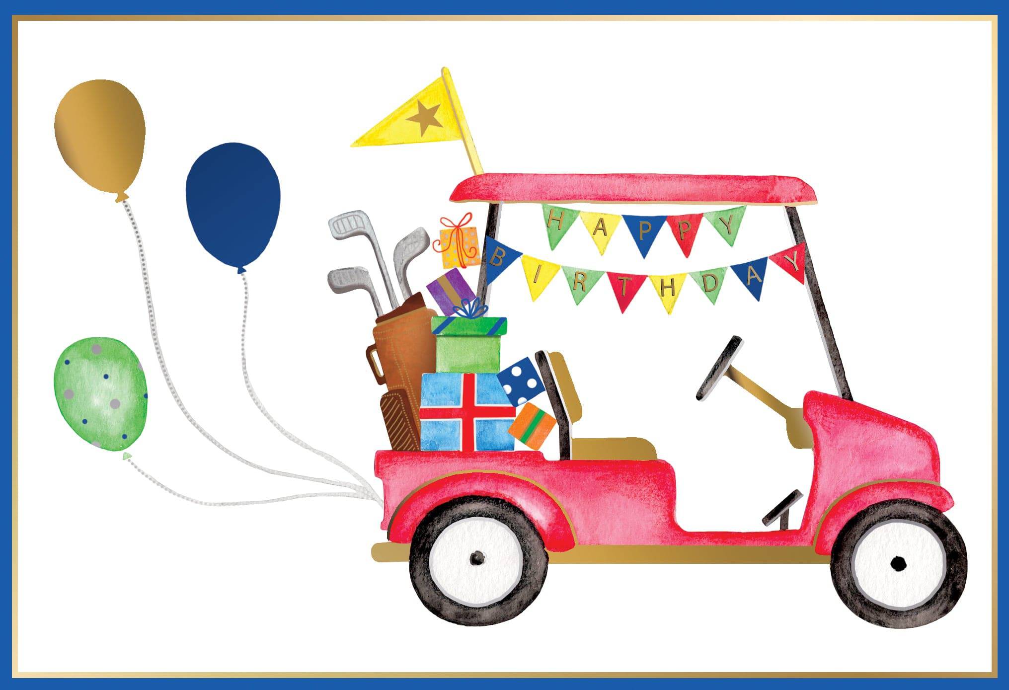 Golf cart birthday card from Pictura featuring colorful, playful design suitable for everyday celebrations.